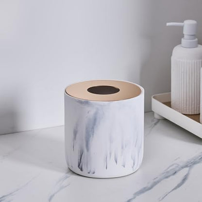White Marble Textural Mini Trash Can with Rose Gold Stainless Steel Lid, Small Countertop Trash Can for Bathroom Kitchen,Desk Trash Can,Table top Mini Garbage Cans,Resin Tiny Waste Basket for Vanity - color: Marble White