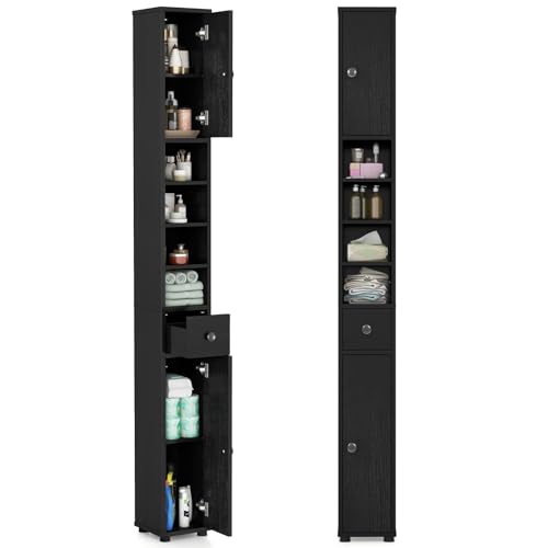 Tangkula Tall Slim Bathroom Storage Cabinet, 71" Freestanding Bathroom Cabinet w/ 2 Doors, 1 Drawer & 5 Adjustable Shelves, Floor Narrow Tower Cabinet for Small Spaces, 8" x 8" x 71" (Black) | Tall - color: Black