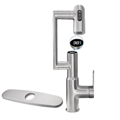 Rotatable Bath Faucet with Temp Display in Celsius, Single Hole Brushed Nickel and 3 Outlet Modes Faucet, Battery-Free - color: Brushed Nickel