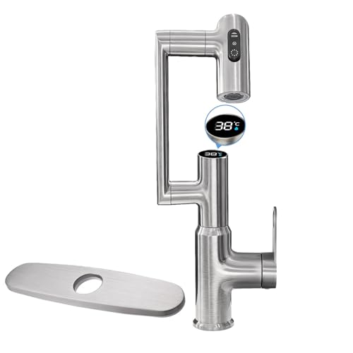 Rotatable Bath Faucet with Temp Display in Celsius, Single Hole Brushed Nickel and 3 Outlet Modes Faucet, Battery-Free - color: Brushed Nickel