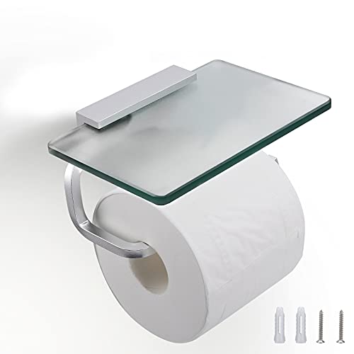 Toilet Paper Holder Bathroom Paper Toilet Roll Holder Hanger,Toilet Paper Holder with Shelf, Glassed Steel Frosted Silvery Lavatory Tissue Holder with Mobile Phone Storage Rack (Silvery) - color: Silvery