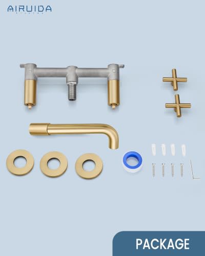 Airuida Solid Brass Brushed Gold Wall Mount Bathroom Faucet | 360° Swivel Spout,Rough in Valve,2 Cross Handle,3 Hole,Widespread - color: Brushed Gold