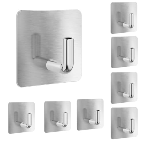Adhesive Towel Hooks, 8 Pack Self Adhesive Coat Sticky Hooks for Hanging, Stainless Steel Stick on Wall Hat Hook, Bathrooms Kitchen Livingroom Garage, Silver