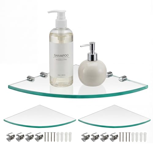Kingrol 3 Pack Drill-Mounted Glass Corner Shower Shelves, 9-3/8 Inch | 3 Separate Shelves for True 90° Corners, 4 Brackets Per Shelf, Approx. 9.75-Inch Installed Corner Depth