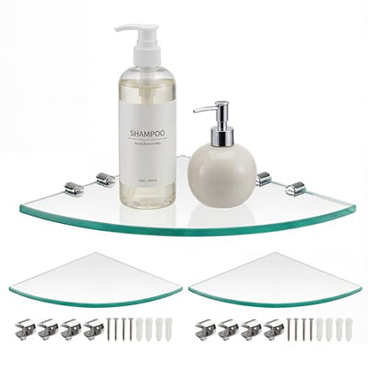 Kingrol 3 Pack Drill-Mounted Glass Corner Shower Shelves, 9-3/8 Inch | 3 Separate Shelves for True 90° Corners, 4 Brackets Per Shelf, Approx. 9.75-Inch Installed Corner Depth