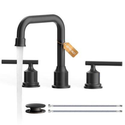WOWOW Black Bathroom Faucet 3 Hole, Widespread Vanity Sink Faucets 8 Inch | Copper Inlet Matte Black Faucet for Bathroom Sink with Swivel Spout, Two Handles Lavatory Tap with Drain and cUPC Supply Line - color: Black, style: Upgrade-8 Inch