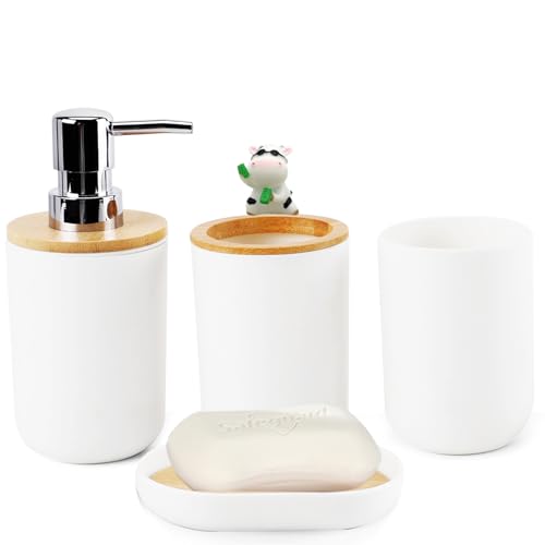 White Bathroom Accessories Set Complete Toothbrush Holder Toothbrush Cup Soap Dish Soap Dispenser Rustic Farmhouse Bathroom Decor Essentials Kit (White) ystz-001 - size: white