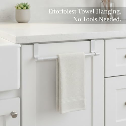 No-Drill Stainless Steel Cabinet Door Towel Bar, Over-the-Door Hanger for Kitchen & Bathroom Hand Towels, White