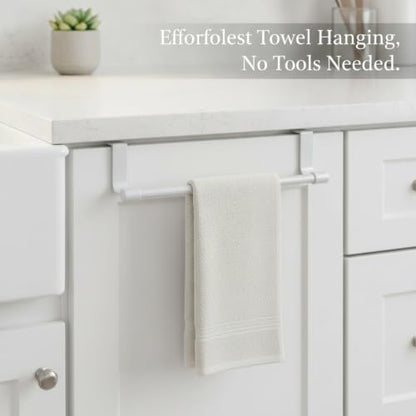No-Drill Stainless Steel Cabinet Door Towel Bar, Over-the-Door Hanger for Kitchen & Bathroom Hand Towels, White