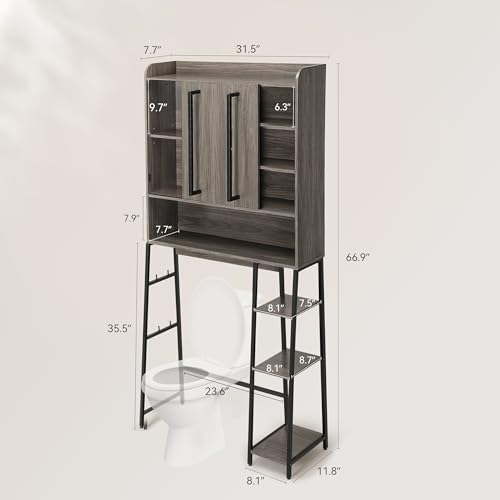 Decofy Over The Toilet Storage Cabinet, Over Toilet Bathroom Organizer with Sliding Door & Adjustable Shelf, Space-Saving Storage Cabinet for Bathroom, Laundry, Grey