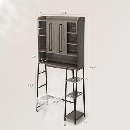Decofy Over The Toilet Storage Cabinet, Over Toilet Bathroom Organizer with Sliding Door & Adjustable Shelf, Space-Saving Storage Cabinet for Bathroom, Laundry, Grey