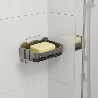 Double Layer Soap Dish with Suction Cup, No Drill Wall Mount Holder for Shower and Sink, PP Plastic Drainage Tray (1 PC) - color: Metallic