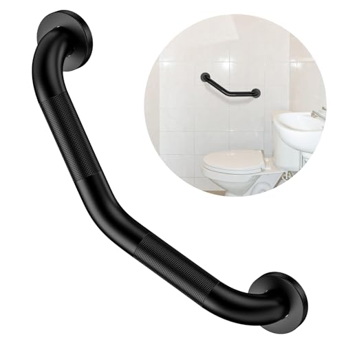 16 Inch Angled Grab Bar, ZUEXT Anti Slip Black Shower Grab Bar Handles, Stainless Steel Knurled Bathroom Balance Bar, Safety Hand Rail Support,Handicap Elderly Injury Senior Assist Bath Handle - color: Black, size: 16 Inch - 1 Pack