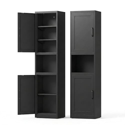 67" Metal Bathroom Storage Cabinet, Black | Tall Narrow Design, 2 Doors & 6 Shelves, Slim Skinny Cabinet, Multi-Room Use - color: Black