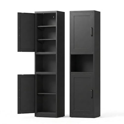 67" Metal Bathroom Storage Cabinet, Black | Tall Narrow Design, 2 Doors & 6 Shelves, Slim Skinny Cabinet, Multi-Room Use - color: Black