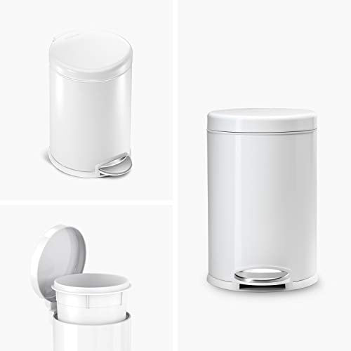 simplehuman Round Step Can, 4.5L / 1.2 Gallon Compact Bathroom Trash Can, 150,000-Step Pedal, Lid Shox® Silent Close, Removable Inner Bucket, White Steel - color: White, size: 4.5 Liter / 1.2 Gallon