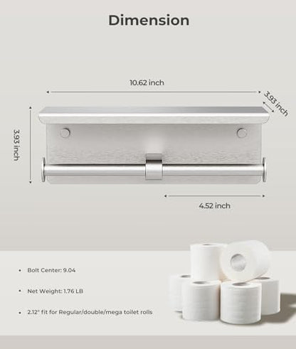 Double Toilet Paper Holder with Shelf, Wall Mount Tissue Roll Holder for Bathroom, 304 Stainless Steel Commercial Toilet Paper Dispenser with Phone Shelf, Brushed Nickel - color: Brushed Nickel
