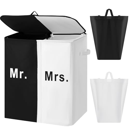 DoubleFill 154L Large Double Laundry Hamper with Lid and Removable Bags Laundry Basket 2 Section Collapsible Dirty Clothes Hamper for Bathroom Bedroom for Husband&Wife Parents or Couple (Mr. Mrs.) - style: Mr. Mrs.