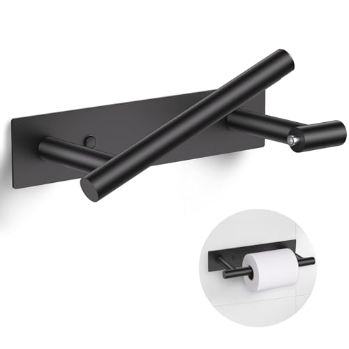 Matte Black Toilet Paper Holder, Adhesive or Screw Toilet Roll Holder Wall Mount, SUS304 Stainless Steel Double Post Pivoting Toilet Roll Holder for Bathroom, Kitchen, Washroom - color: Matte Black