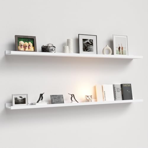 Boswillon Floating Shelves Set of 2, Long Wall Shelf with Lip, 56in, White | Display Ledge Shelf for Room Wall, Wall Decor Shelves for Bathroom, Living Room, Bedroom, Kitchen, Nursery Room, Modern, Wood - color: White, size: 55.1 in