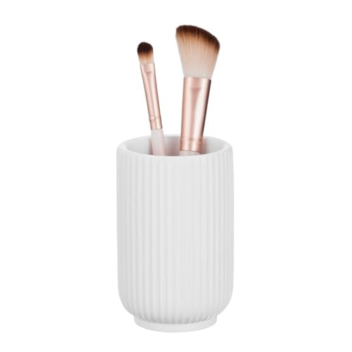 mDesign Fluted Resin 3-Piece Bathroom Vanity Countertop Accessories - Soap Dispenser, Tumbler Rinsing Cup, and Canister Holder Sets - Complete Modern Counter Aesthetic - Set of 3 - White