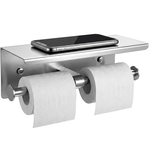 Double Toilet Paper Holder with Shelf, Wall Mount Tissue Roll Holder for Bathroom, 304 Stainless Steel Commercial Toilet Tissue Dispensers with Phone Shelf(Natural) - color: Natural
