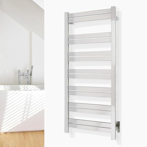 WarmlyYours Milan Heated Towel Rack, 14 Bars, Polished Steel | Wall-mounted hardwired electric towel warmer for spa-like comfort and luxury bathroom upgrade, dries multiple towels