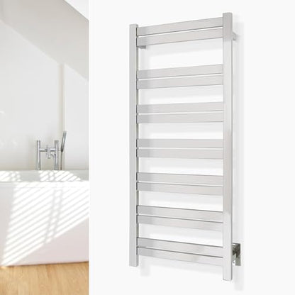 WarmlyYours Milan Heated Towel Rack, 14 Bars, Polished Steel | Wall-mounted hardwired electric towel warmer for spa-like comfort and luxury bathroom upgrade, dries multiple towels