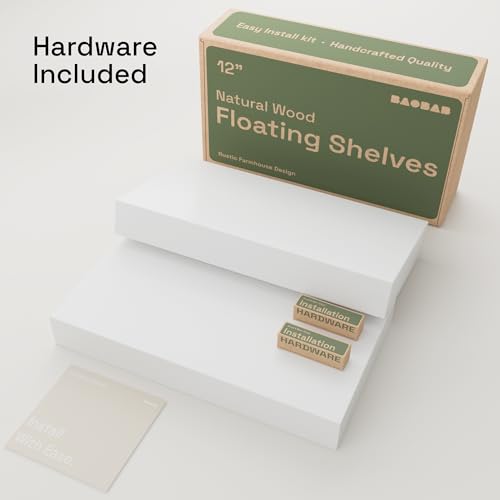 Solid Wood Floating Shelves for Wall 12 Inch White, Small Wooden Shelf | Real Wood, Wall Mounted, Thick, Rustic, Bedroom Kitchen Bathroom Living Room, White Finish, 12W × 6.7D, Set of 2 - color: White, size: 12 Inch