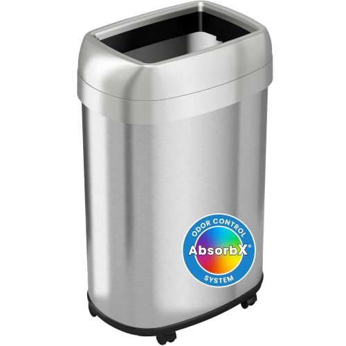 iTouchless 13 Gallon Open Top Kitchen Trash Can Recycling Bin with Wheels and Double Odor Filters Oval Commercial Stainless Steel 50 Liter Trashcan for Home Office Work Bedroom Livingroom Garage - color: Silver, with Wheels 13 Gal
