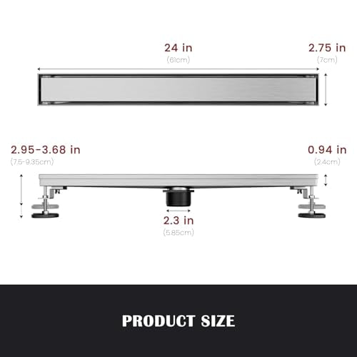 24 Inch Liner Shower Drain with Tile Insert Panels, Stainless Steel Rectangle Liner Drain, Shower Floor Drain with Hair Strainer, Ajustable Leveling Feet (Brushed Nickel) - color: Brushed Nickel-b, size: 24IN