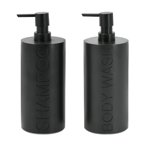 2-Pack Matte Black Resin Refillable Shampoo & Body Wash Bottles – Modern Bathroom Pump Dispenser Set, Durable Resin Shower Containers with Embossed Labels, Reusable Pump Bottle - color: 2pack Black Shampoo and Body Wash Set