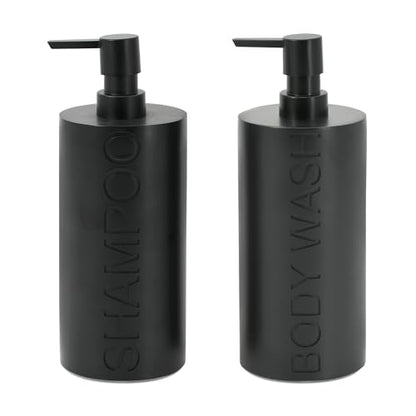 2-Pack Matte Black Resin Refillable Shampoo & Body Wash Bottles – Modern Bathroom Pump Dispenser Set, Durable Resin Shower Containers with Embossed Labels, Reusable Pump Bottle - color: 2pack Black Shampoo and Body Wash Set
