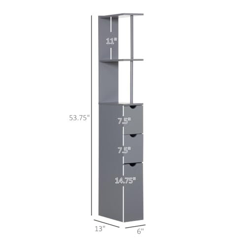 Bathroom Storage Cabinet, 54" Tall Linen Tower, Freestanding Organizer with Drawers & Shelves, Narrow Side Cabinet, Grey