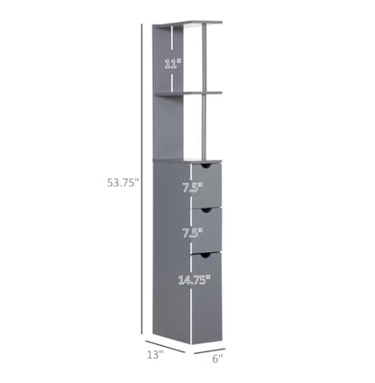 Bathroom Storage Cabinet, 54" Tall Linen Tower, Freestanding Organizer with Drawers & Shelves, Narrow Side Cabinet, Grey