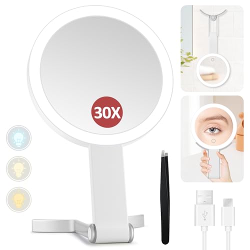 MIYADIVA 30X Magnifying Makeup Mirror with Light, Double-Sided 1X/30X Travel Makeup Mirror, 56 LED Lights, 3 Color Modes, Dimmable, USB-C Rechargeable, Portable Foldable Vanity Mirror for Women - color: White