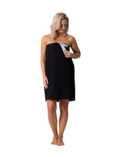 Robe Direct Quick Dry, Lightweight Waffle Spa/Bath Wrap with Adjustable Closure & Elastic Top - color: Black, size: Large-X-Large