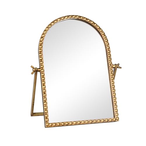 Arched Small Vintage Desk Mirror, Antique Gold Table Mirror,Metal | Beaded Frame Vanity Decor Mirrors 11.8"L x 7.9"W, 360° Adjustable Rotation Makeup Standing Mirrors for Tabletop, Bathroom - color: Antique Gold-arched Beaded