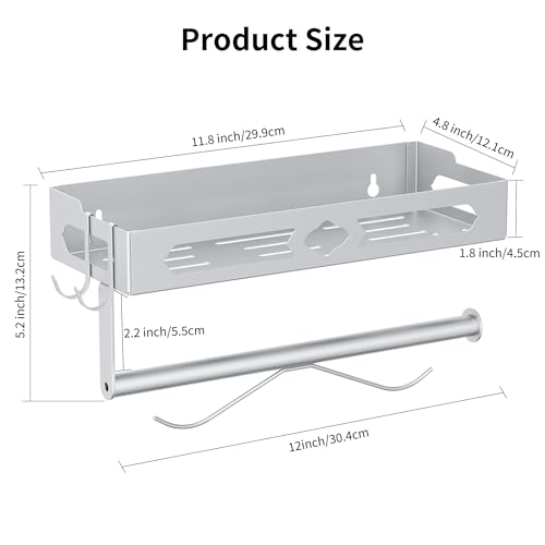 Wall Mount Paper Towel Holder with Shelf for Bathroom Kitchen,Silver 2Hooks | Metal Spice Rack, Easy One-Hand Tear Design Mounted Hanging Hand Paper Towel Roll Holder for RV, Home(Self Adhesive or Drill) - color: Silver