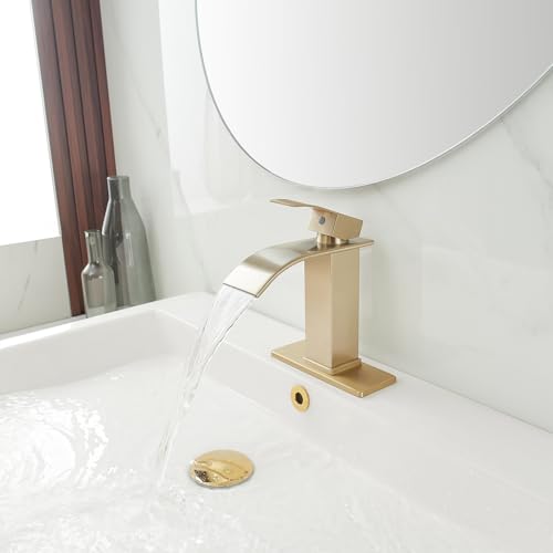 Bathroom Sink Faucet Waterfall Single Handle with Deck Plate | Brushed Gold,Pop Up Drain,Single Hole,Precise Water Adjustment,Rust-resistant Construction,Easy to Clean,Long-lasting Use - color: Brushed Gold, size: Modern Bathroom Sink Faucet