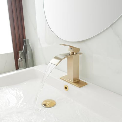 Bathroom Sink Faucet Waterfall Single Handle with Deck Plate | Brushed Gold,Pop Up Drain,Single Hole,Precise Water Adjustment,Rust-resistant Construction,Easy to Clean,Long-lasting Use - color: Brushed Gold, size: Modern Bathroom Sink Faucet