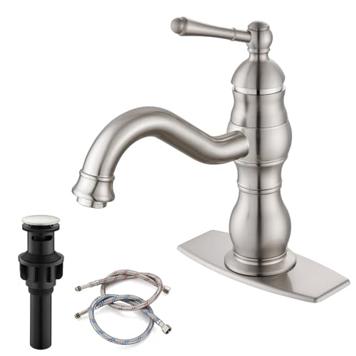 gotonovo Bathroom Faucet 1 Hole Vintage,Brushed Nickel,7.1” Spout Reach | Bathroom Sink Faucet for 1 or 3 Hole Single Handle,Deck Plate,360° Swivel Spout,Pop Up Drain,cUPC Supply Hoses,for Vanity RV - color: Nickel, size: 7.1" Spout Reach
