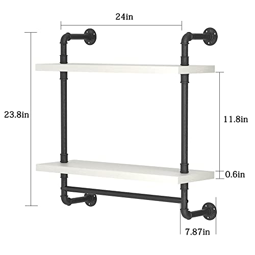Helsin 24inch Industrial Pipe Shelving Bathroom Shelves Wall Mounted with Towel bar, 2 Tier Rustic Wood Floating Shelf, Metal Towel Rack Wall Shelf for Home & Bathroom (White, 24inch) - color: White, size: 24inch