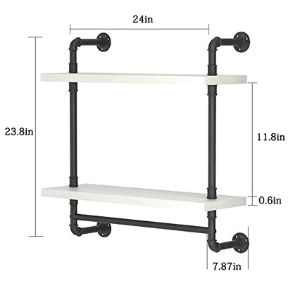 Helsin 24inch Industrial Pipe Shelving Bathroom Shelves Wall Mounted with Towel bar, 2 Tier Rustic Wood Floating Shelf, Metal Towel Rack Wall Shelf for Home & Bathroom (White, 24inch) - color: White, size: 24inch