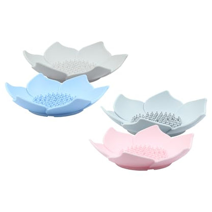 4 Pack Silicone Soap Dishes, Petal Shape | Bar Soap Holder, Bathroom Counter Bathtub Shower, Waterfall Drainer Kitchen, Easy Dry Self Draining