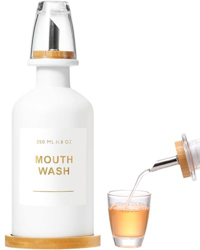 11.8OZ Mouthwash Dispenser for Bathroom, White | Bamboo & Stainless Steel Pour Spout, Mouthwash Cup Reusable, Bamboo Tray, Elegant Gold Label - color: White/350*1