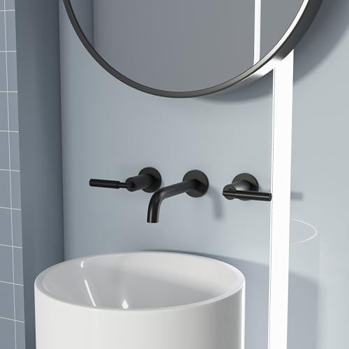 RBROHANT Matte Black Wall Mount Bathroom Faucet, Wall Mounted Sink Faucet, Dual Handle, Solid Brass, Rough-in Valve Included - color: Matte Black, style: Lever Handle