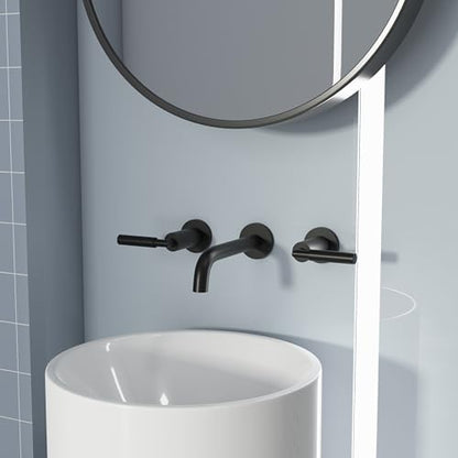 RBROHANT Matte Black Wall Mount Bathroom Faucet, Wall Mounted Sink Faucet, Dual Handle, Solid Brass, Rough-in Valve Included - color: Matte Black, style: Lever Handle