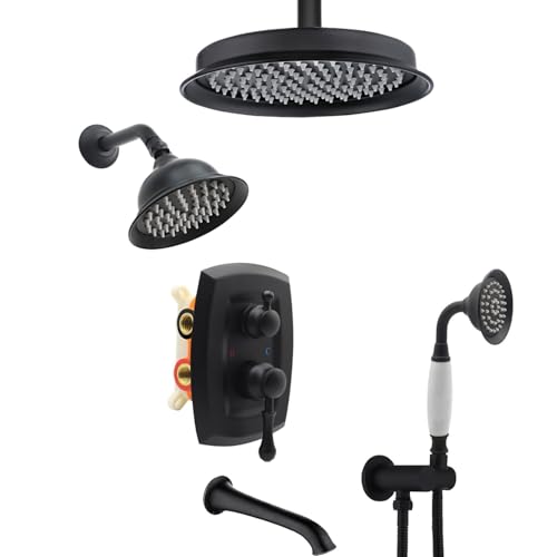 Antique Dual Rain Head Shower Faucet Set with Tub Spout | Vintage Handheld Spray, Multi-layer Plating, 4-Function Diverter Valve wtih Trim Kit, Matte Black Finish - color: Matte Black