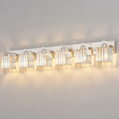 Modern Vanity Light 6-Lights Brushed Nickel Vanity Light Crystal Bathroom Wall Light Bathroom Light Fixtures - color: Nickel Straight, size: 6-light
